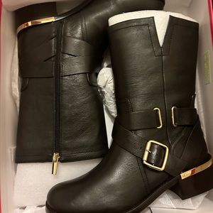 NWB Vince Camuto Wethima Moto Boots Black Calf Leather Size 10 gold accents